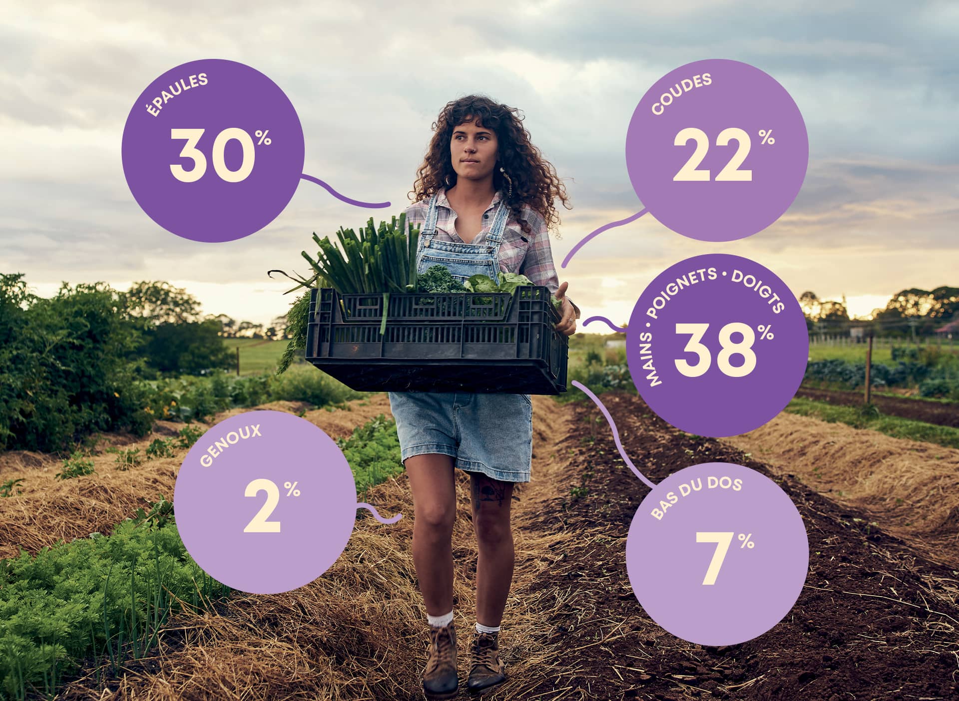 Femme portant une caisse de légumes, statistiques sur les articulations touchées par les TMS au travail.