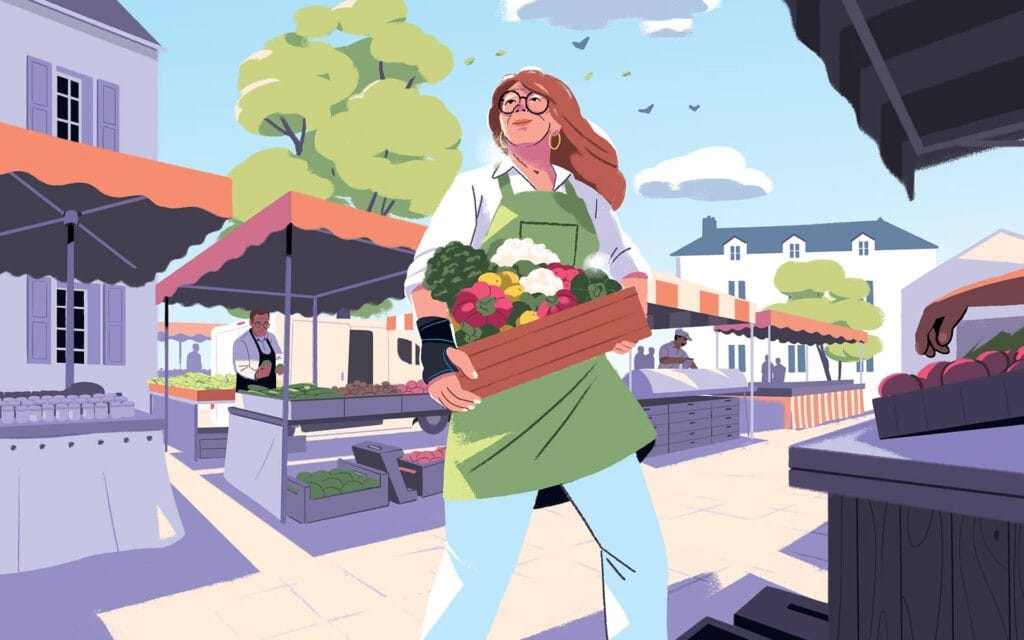 Marché de plein air, prévention des douleurs articulaires TMS chez les commerçants.