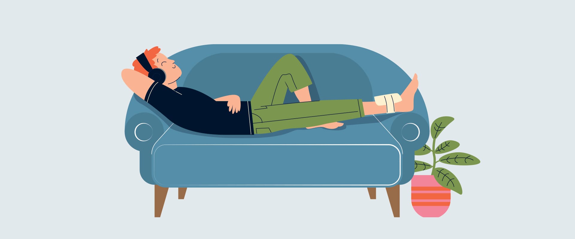 Illustration d'un homme allongé sur un canapé avec la cheville bandée, représentant l'étape de repos du protocole GREC pour traiter une lésion musculaire